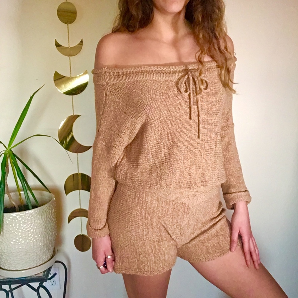 Long Sleeve Off Shoulder Knit Romper - Tan / Beige
